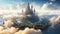 An enchanting castle effortlessly floats in the air, encircled by wisps of ethereal clouds, A floating city above the clouds, AI