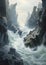 Enchanting Chaos: A Surreal Waterfall Journey through Rocky Moun