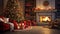 Enchanting Christmas Living Room Scene: Hyper-Realistic Decor, Cozy Fireplace, and Festive Presents Render.