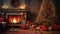 Enchanting Christmas Living Room Scene: Hyper-Realistic Decor, Cozy Fireplace, and Festive Presents Render.