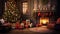 Enchanting Christmas Living Room Scene: Hyper-Realistic Decor, Cozy Fireplace, and Festive Presents Render.