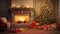 Enchanting Christmas Living Room Scene: Hyper-Realistic Decor, Cozy Fireplace, and Festive Presents Render.