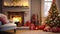 Enchanting Christmas Living Room Scene: Hyper-Realistic Decor, Cozy Fireplace, and Festive Presents Render.