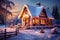 Enchanting and cozy christmas cottage with festive decorations and snowy surroundings at evening