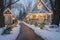 Enchanting and cozy christmas cottage with festive decorations and snowy surroundings at evening