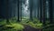 Enchanting Dark Green Forest With Fog And Rainy Weather