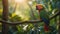 Enchanting Delights A Magical Forest Tale with a Colorful Parrot Perched on a Sunlit Tree Branch