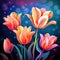 Enchanting Digital Illustration of Vibrant Tulip Blooms with Whimsical Elements