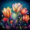 Enchanting Digital Illustration of Vibrant Tulip Blooms with Whimsical Elements