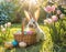 Enchanting Easter Scene: Bunnies, Eggs, and Gardens in the Farmer\\\'s Courtyard with a Church in the Background