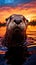 Enchanting Encounter: Closeup of a Beautiful Otter\\\'s Reflective Eyes and Lustrous Fur by the Serene Waters at Sunset