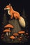 Enchanting Encounter. Fox Amidst a Whimsical Forest of Mushrooms .