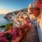 Enchanting European Coastal Town: Pastel-Colored Buildings, Cobblestone Streets, and Bougainvillea