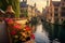 Enchanting European River: Meandering Canal, Colorful Buildings, and Arched Stone Bridge