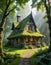 Enchanting Fairy-Tale Cottage Amidst a Lush, Ancient Forest: Featuring Intricate Gothic Architecture, Pointed Spires