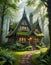 Enchanting Fairy-Tale Cottage Amidst a Lush, Ancient Forest: Featuring Intricate Gothic Architecture, Pointed Spires