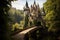 Enchanting fairytale castle atop a lush green hill, surrounded by a moat and drawbridge. Generative AI