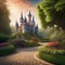 Enchanting fairytale castle surrounded by lush gardens and friendly dragons Magical illustration suitable for childrens books or