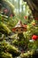 Enchanting Fantasy Scene with Cute Creature Wearing a Mushroom Cap in a Magical Forest