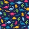 Enchanting floral seamless patterns with playful dinosaur motifs for kids. Versatile vector design for covers, paper