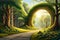 An enchanting forest clearing with a natural arch formed by intertwined trees, creating a magical gateway to another realm