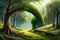 An enchanting forest clearing with a natural arch formed by intertwined trees, creating a magical gateway to another realm