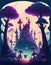 Enchanting Forest Landscape with Mushroom Kingdom and Fairies, Made with Generative AI