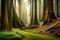 An enchanting forest scene with massive sequoia trees, their colossal trunks covered in soft moss, creating a scene of quiet
