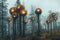 Enchanting Forest Scene with Mystical Glowing Pumpkin Lanterns Hanging from Trees in Misty Woods