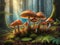 Enchanting Forest Scene: Vibrant Mushrooms Sprouting Amidst Moist Mossy Floor.