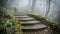 Enchanting Forest Stairway Shrouded in Mist with Spring Blooms