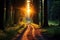 Enchanting Forest Sunset Pathway Leading to the Sun\\\'s Radiance in Nature\\\'s Embrace. created with Generative AI