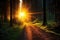 Enchanting Forest Sunset Pathway Leading to the Sun\\\'s Radiance in Nature\\\'s Embrace. created with Generative AI