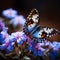 Enchanting garden scene close up of a butterfly on blue flowers