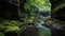 Enchanting Green River Flowing Through Mossy Rocks In Yorkshire Ravine