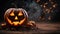 Enchanting Halloween Delights Spooky Pumpkin Decor on a Rustic Wooden Table. created with Generative AI