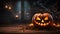 Enchanting Halloween Delights Spooky Pumpkin Decor on a Rustic Wooden Table. created with Generative AI