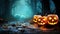 Enchanting Halloween Spectacle Jack Oâ€™ Lanterns Glowing At Moonlight In The Spooky Night - Halloween Scene. created with