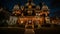 Enchanting Holiday Grandeur: Mesmerizing Nighttime Photo of Victorian Mansion\\\'s Decorated Entrance