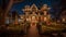 Enchanting Holiday Grandeur: Mesmerizing Nighttime Photo of Victorian Mansion\\\'s Decorated Entrance