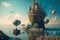 An enchanting illustration of a fairytale fantasy world, featuring magical landscapes, floating islands, and a dreamy atmosphere,