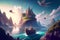 An enchanting illustration of a fairytale fantasy world, featuring magical landscapes, floating islands, and a dreamy atmosphere,