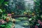 Enchanting Indoor Garden Oasis with Lush Greenery, Vibrant Flowers and Tranquil Pond