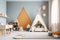 Enchanting Kids\\\' Playroom: Inspiring Creativity with Orange Pastel Tones and Minimalist Design