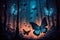 Enchanting luminous butterflies fluttering in the forest at night. AI