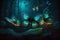 Enchanting luminous butterflies fluttering in the forest at night. AI