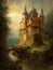 Enchanting Medieval Castle with Turrets and Moat in a Dreamy Oil Painting.