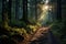 Enchanting Misty Forest. Capturing Serene Ambiance with Sunlight Filtering Through Lush Foliage