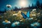 Enchanting Moonlit Meadow - Blue Butterfly flying - AI generated image