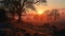 Enchanting Morning Glow: A Frosty Field of Trees at Sunrise